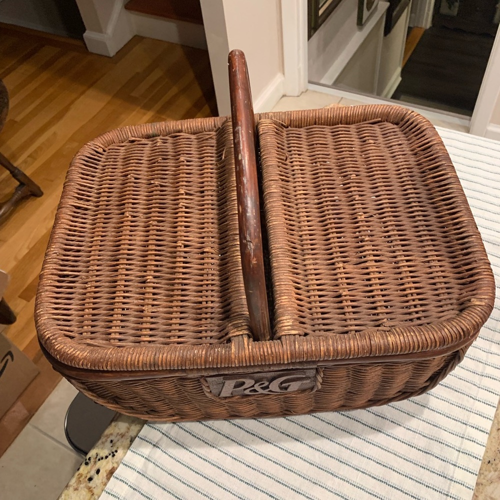 Vintage P&G Brown Wicker Basket with Handle and Lid